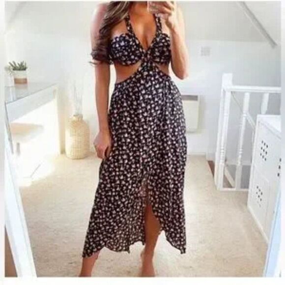 Zara Cut Out Black & Pink Floral Halter Maxi Dress Medium Feminine Romantic - Picture 1 of 13